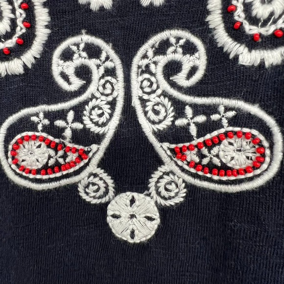 Talbots Blouse Womens PS Navy Embroidered Beaded Paisley Short Sleeve Split Neck - Picture 5 of 8